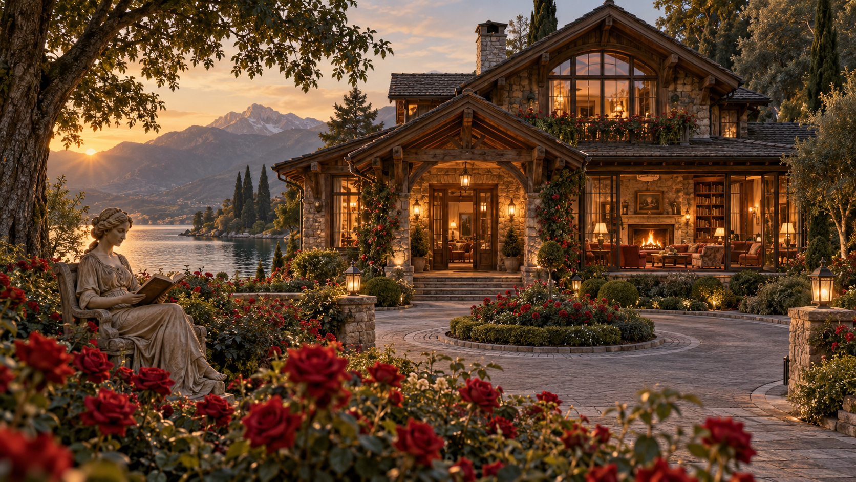A storybook chalet beside a lake and mountain, with red roses and a seated statue reading near the entrance