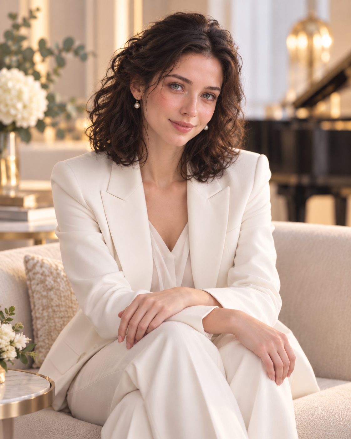 Delta in a white suit and royal-blue scarf, smiling in her luminous office